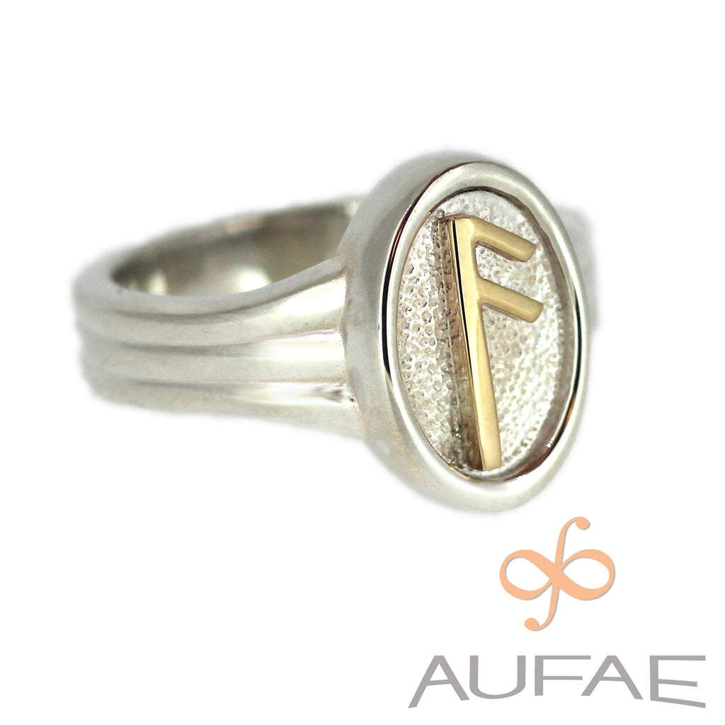 Aufae Ansuz Rune Ring in Sterling Silver with 14K Yellow Gold Rune