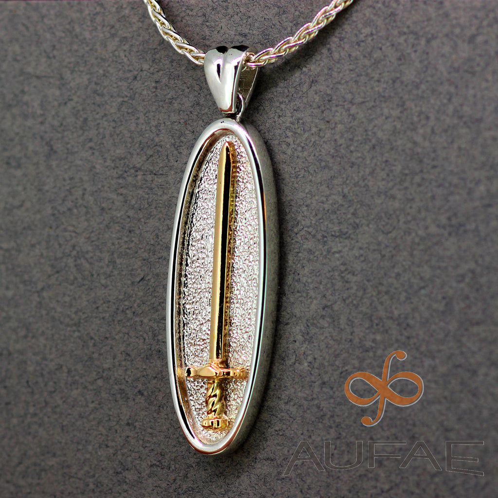 Aufae Sword oval Pendant in Sterling Silver with a 14k Yellow Gold Sword