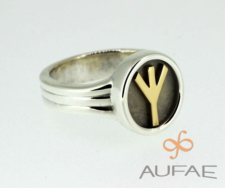 Aufae ALGIZ Rune Ring in solid sterling silver, with a  solid 14K gold ALGIZ rune permanently bound to the ring