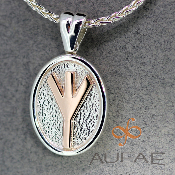 Aufae Algiz Rune Pendant in Sterling Silver with a Solid 14K Rose Gold Rune