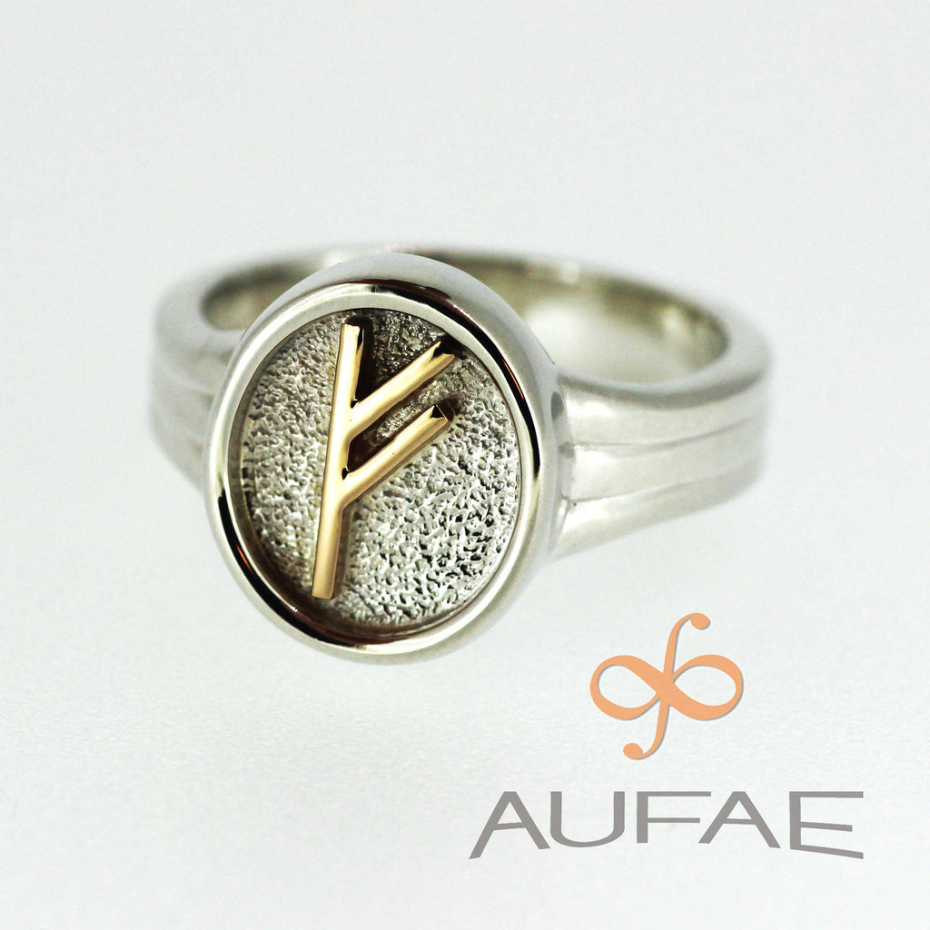 Aufae Fehu Rune Ring in Sterling Silver with a Yellow Gold Fehu Rune