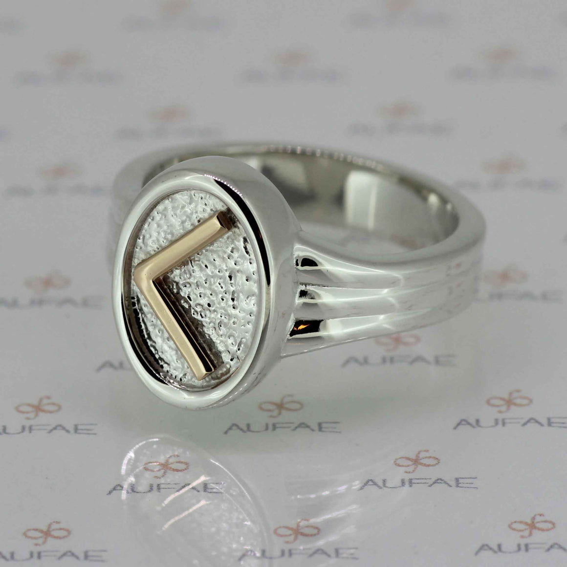 Aufae Kaunan (Kenaz) Rune ring in solid Sterling Silver with gold rune