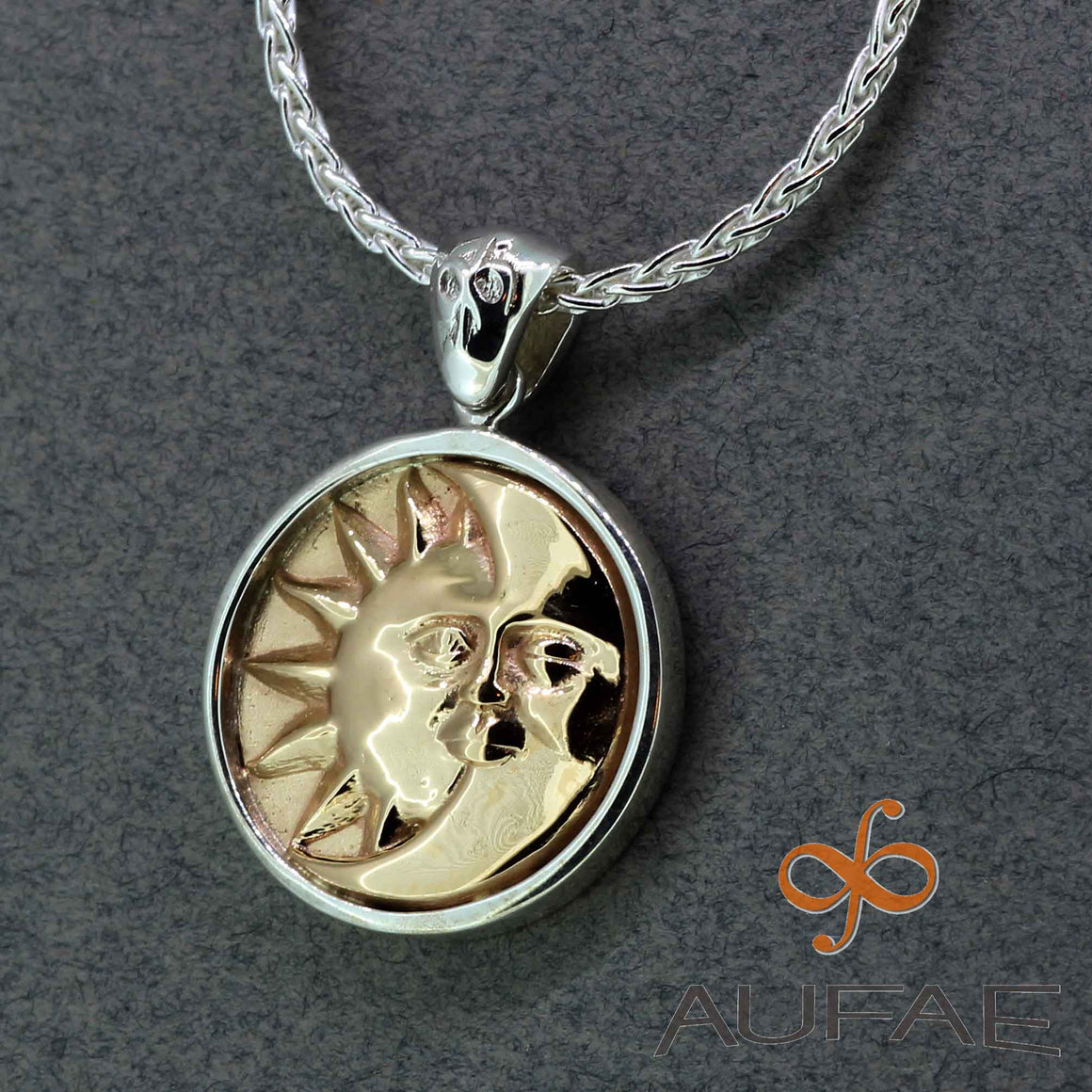 Aufae Sunmoon Pendant in Sterling Silver with 14K Yellow Gold SunMoon, 17mm