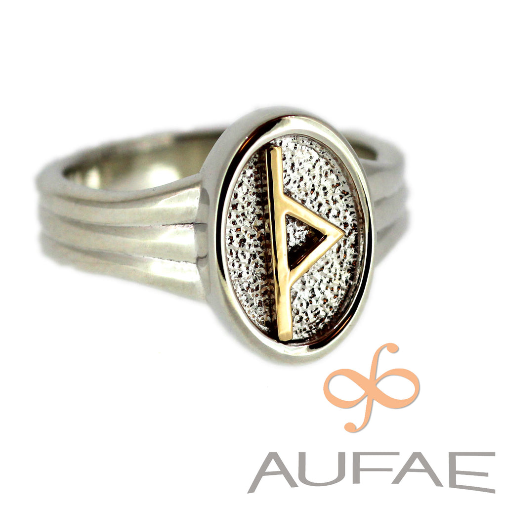 Aufae Thurisaz Rune Ring in Sterling Silver with 14K Yellow Gold Thurisaz Rune