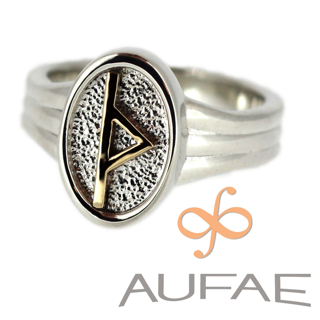 Aufae Thurisaz Rune Ring in Sterling Silver with 14K Yellow Gold Thurisaz Rune
